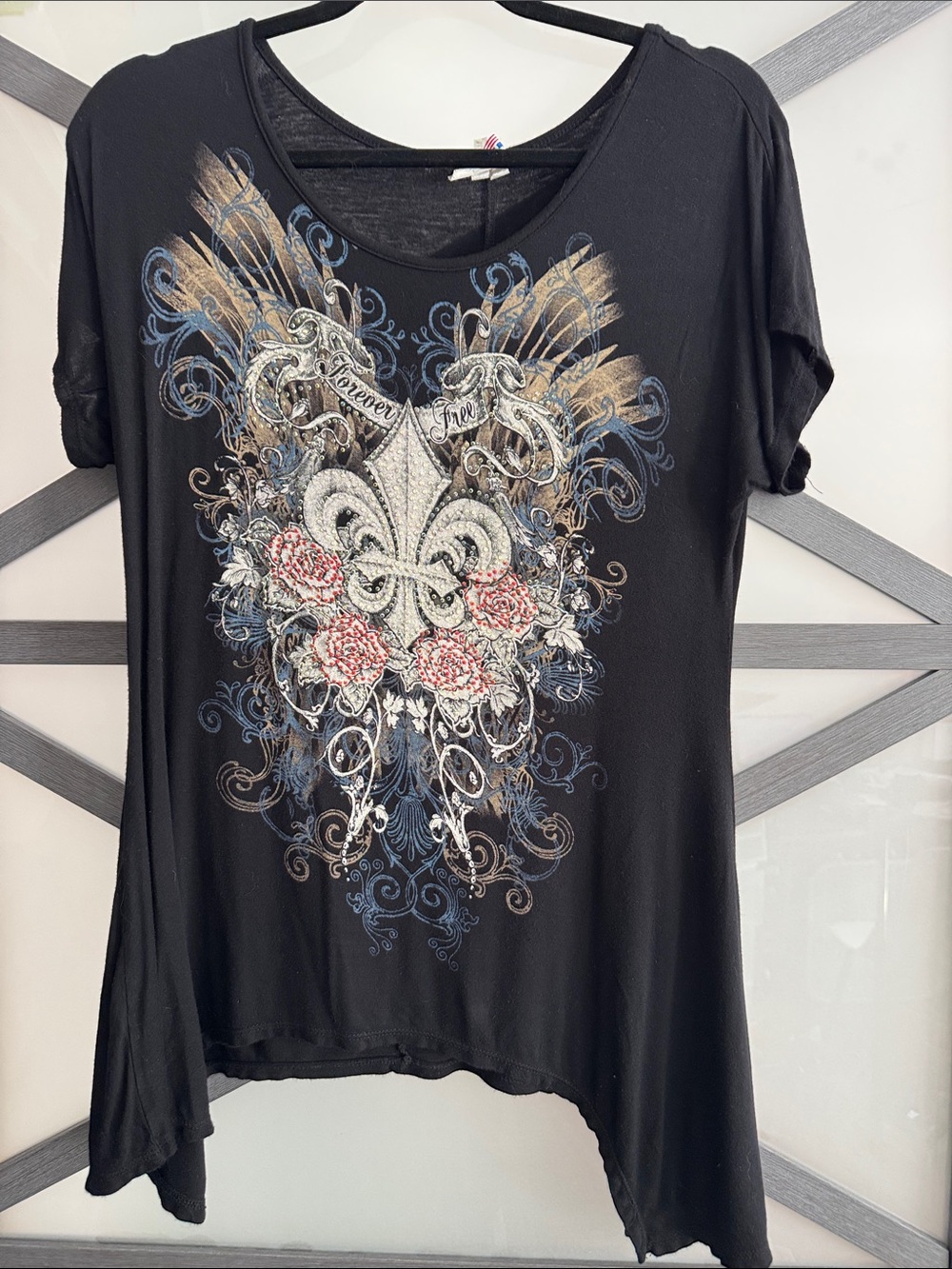 Liberty Forever Free Rhinestone Fleur de Lis Graphic Top L Y2K Western Biker